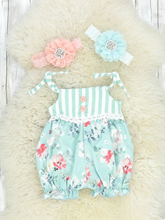 Mint Stripes Gardenia Tie Top Romper