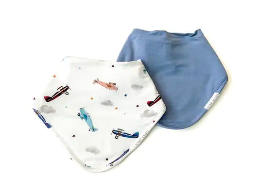 Scarf Baby Bib Set - Vintage Airplane / Dusty Blue