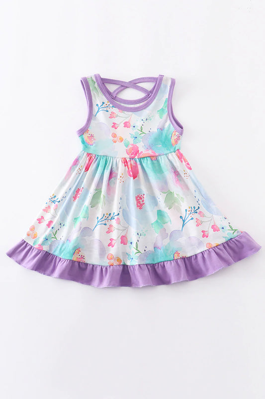 Purple Flower Print Girl Dress