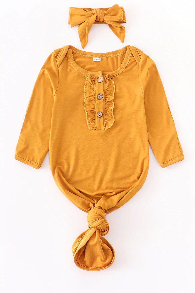 Mustard Tie Bottom Bamboo Baby Gown Set