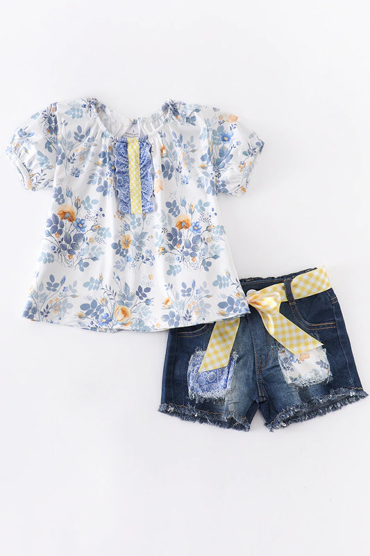 Blue Floral Ruffle Denim Shorts Set