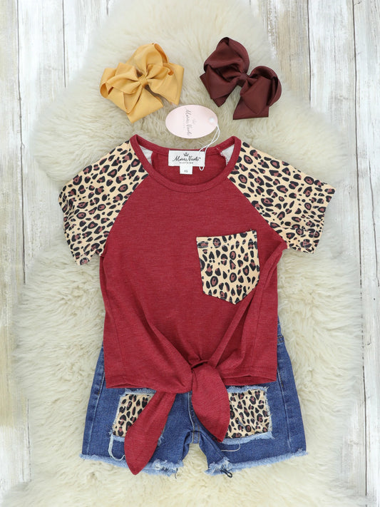 Burgundy & Leopard Tie Shirt & Denim Shorts Outfit