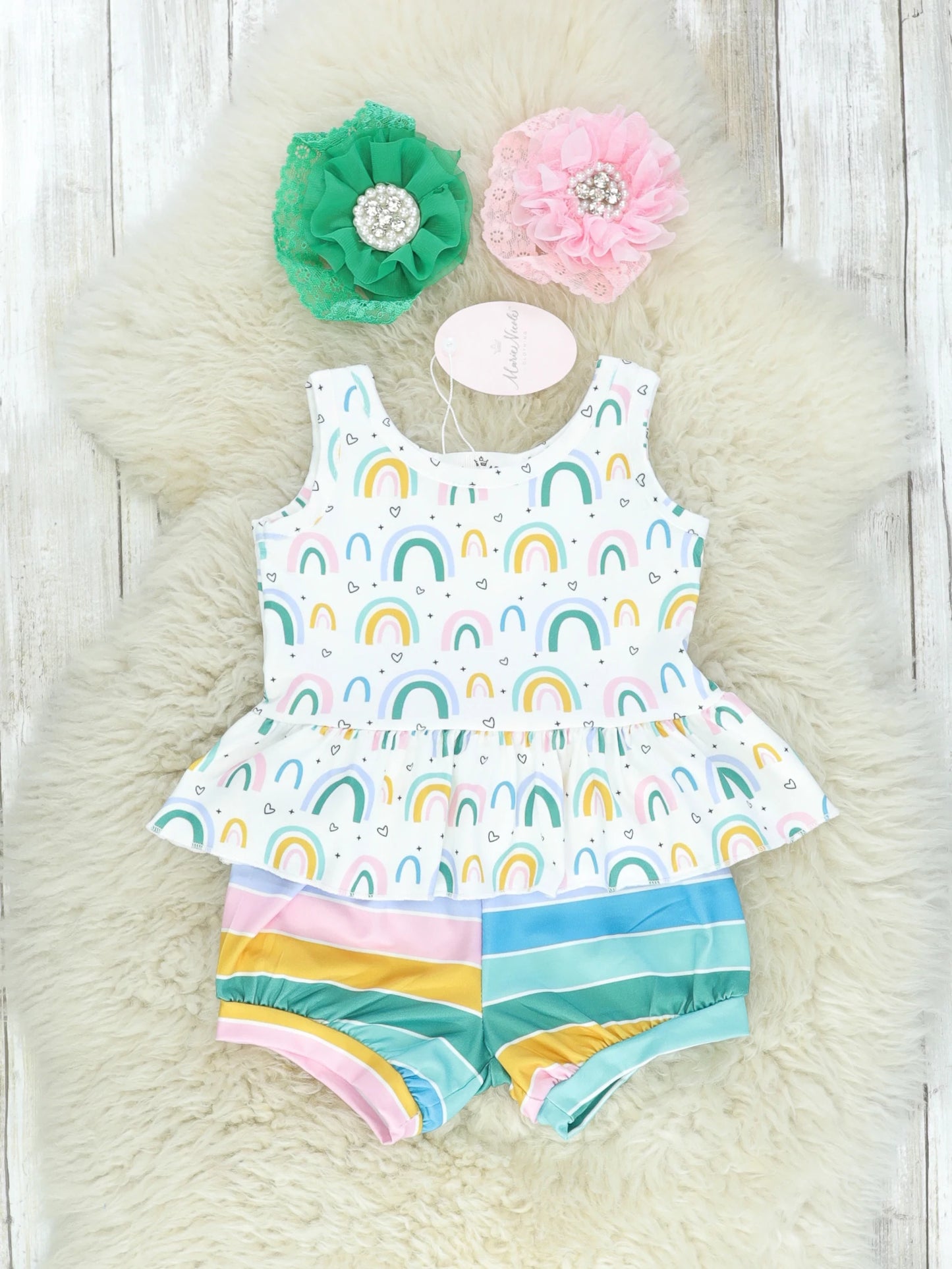 Rainbow Ruffle Tank Striped Shorts Outfit