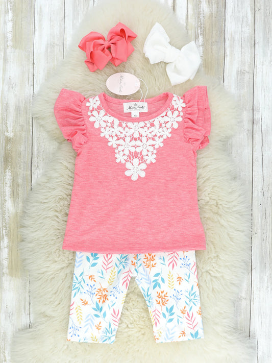 Pink Lacy Ruffle Top & Floral Capris Set