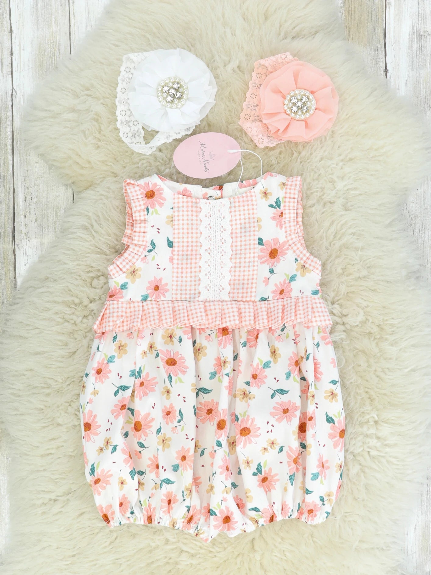 Pink Zinnia & Checked Ruffle Bubble Romper