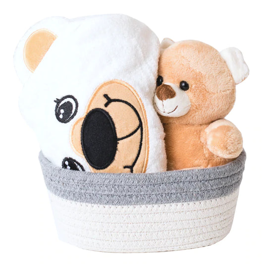 Mini Gift Basket - Hooded Baby Bath Towel and Washcloth Set - Brown Bear