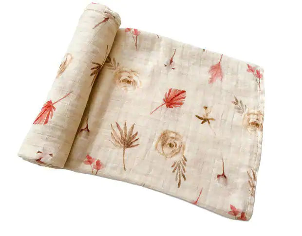 Boho Floral Bamboo Cotton Muslin Baby Swaddle Blanket