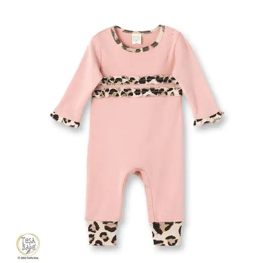 Baby Girl Pink Ruffle Romper with Leopard Trim